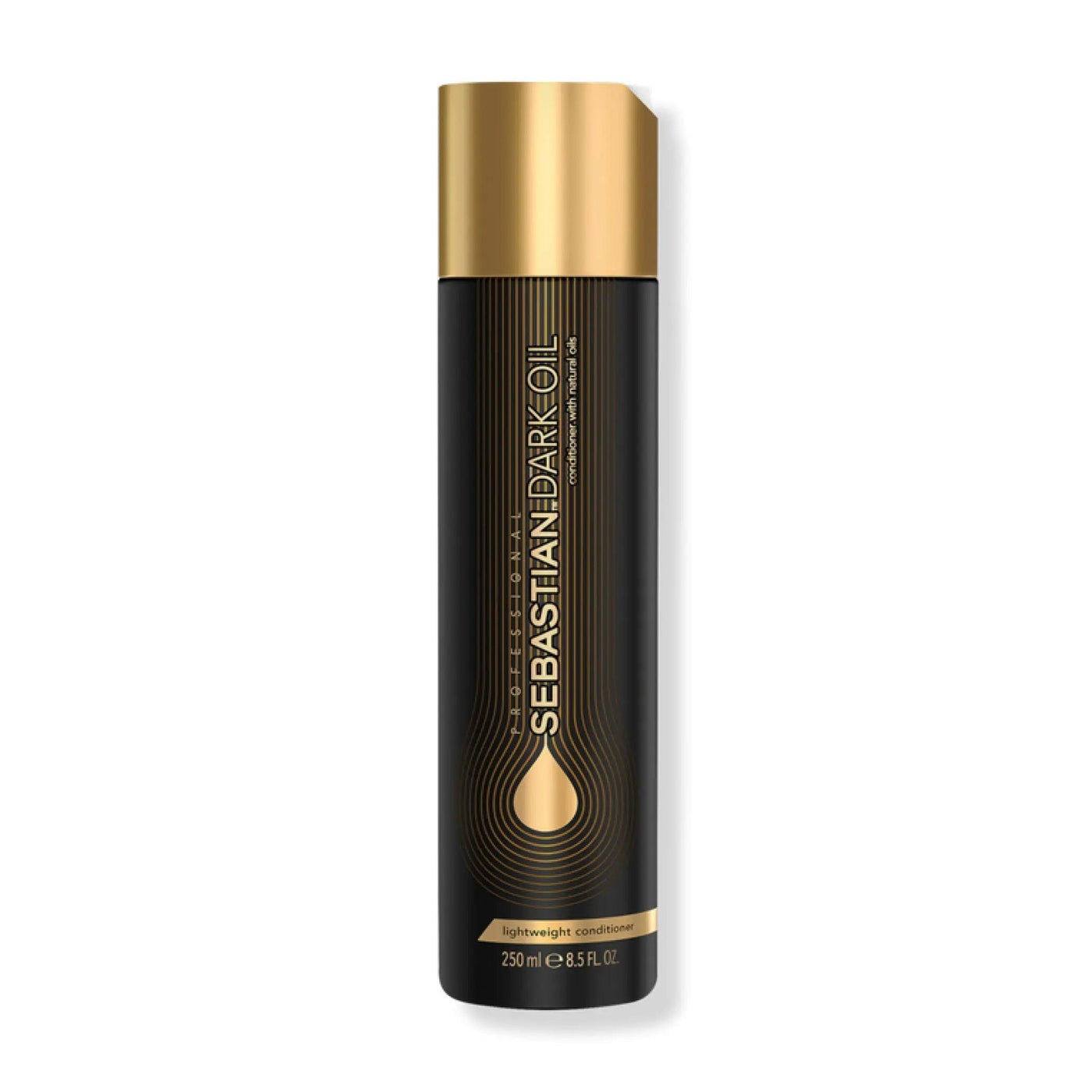 Sebastian Dark Oil Lightweight Conditioner in sleek black bottle for smooth, detangled hair with added body and fragrance.