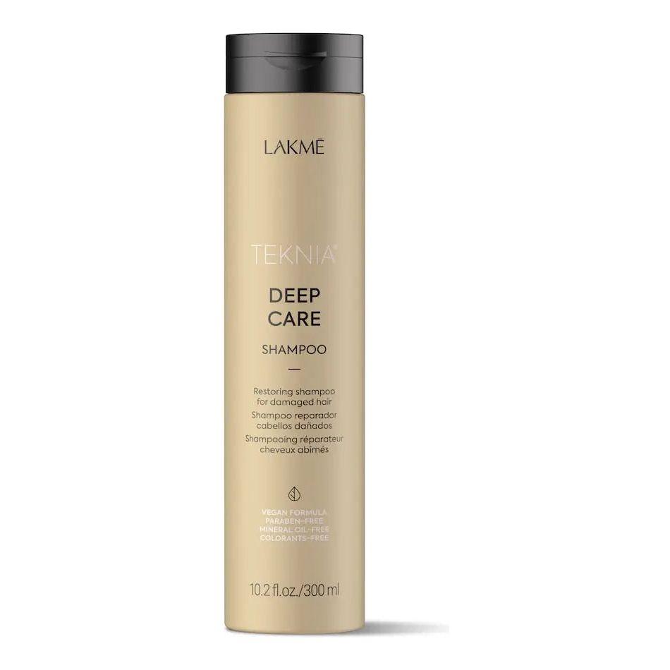 Lakme Teknia Deep Care Shampoo bottle, restores damaged hair, nourishes, with floral fragrance and Fiberhance.