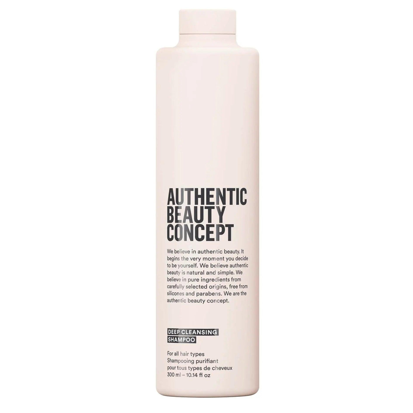 Authentic Beauty Concept Deep Cleansing Shampoo bottle, purifying cleanser for all hair types, vegan, cruelty-free, and gluten-free.