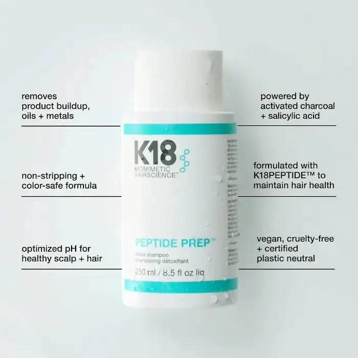 K18PEPTIDE™ Detox Shampoo bottle highlighting detoxifying benefits and color-safe formula for healthy hair and scalp.