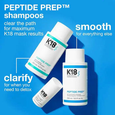 PEPTIDE PREP™ shampoos by K18, featuring detox and smoothing formulas for healthier hair care.