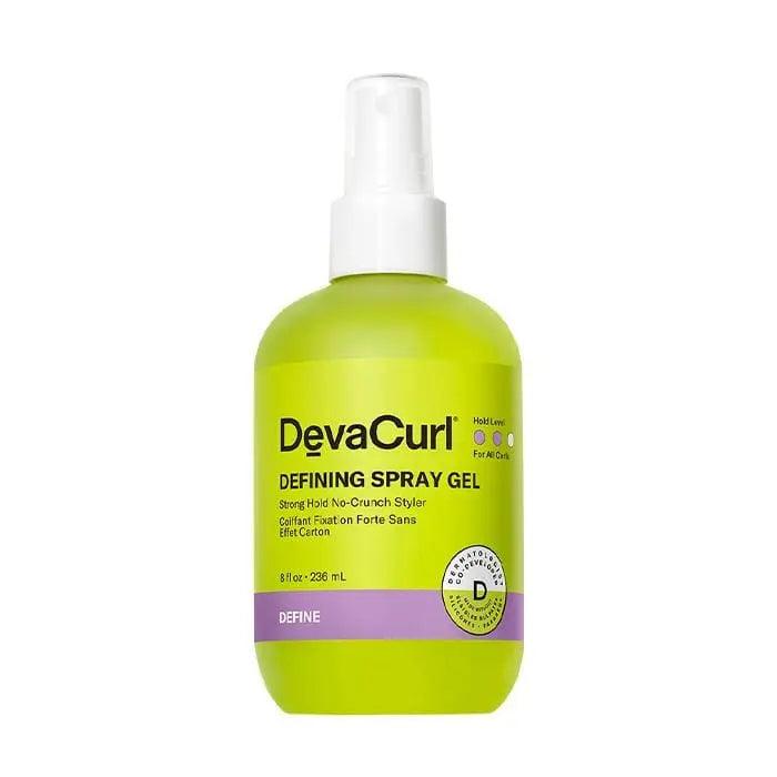 DevaCurl Defining Spray Gel bottle, 8 oz, for strong hold and curl definition with a non-flaking formula.