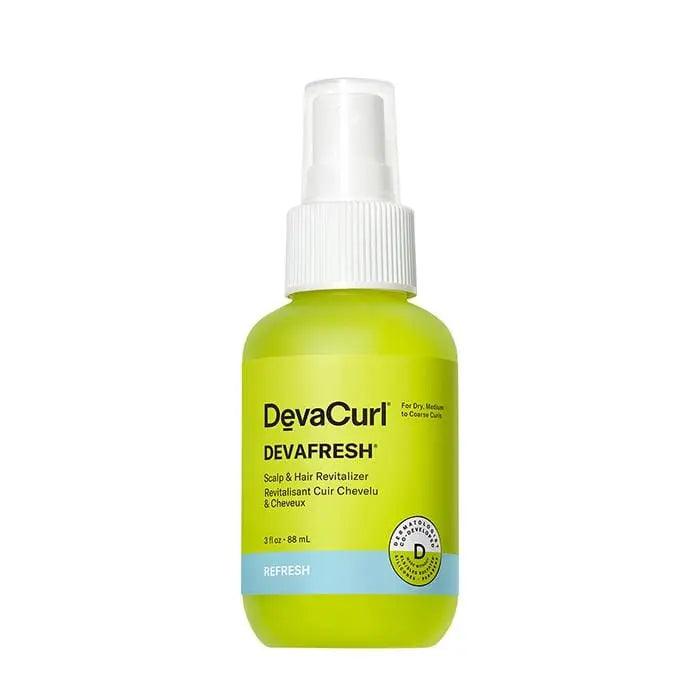 DevaCurl DevaFresh Scalp & Hair Revitalizer spray bottle for curl flexibility and moisture retention.
