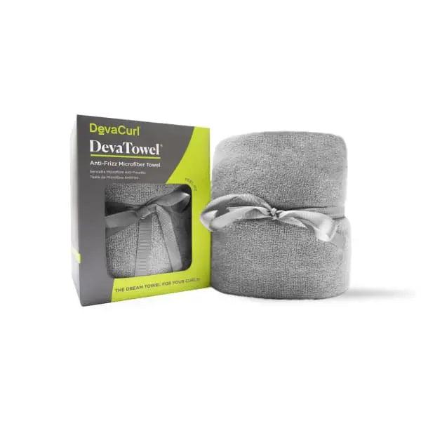 DevaCurl DevaTowel anti-frizz microfiber towel in gray, packaged with a stylish ribbon, perfect for enhancing curls.