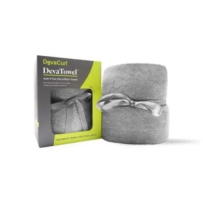DevaCurl DevaTowel anti-frizz microfiber towel in gray, packaged with a stylish ribbon, perfect for enhancing curls.