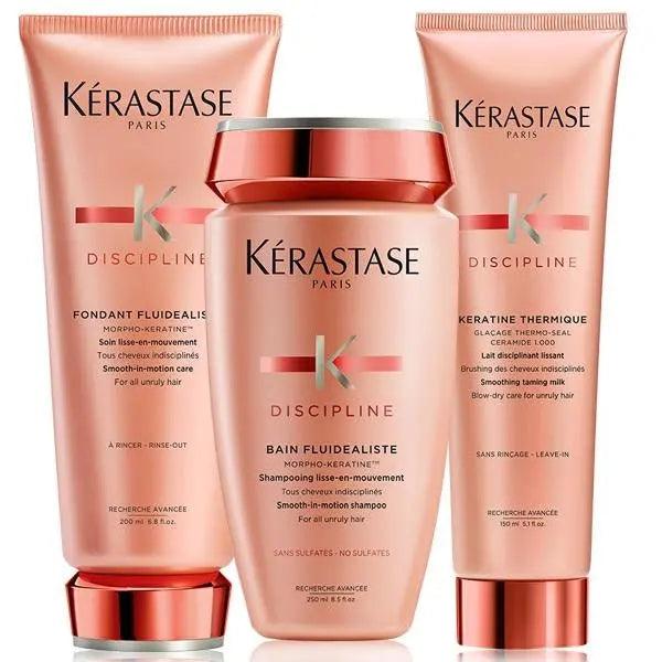 Kérastase Discipline hair care products: Fondant Fluidealiste, Bain Fluidealiste, and Keratine Thermique for smooth, frizz-free hair.