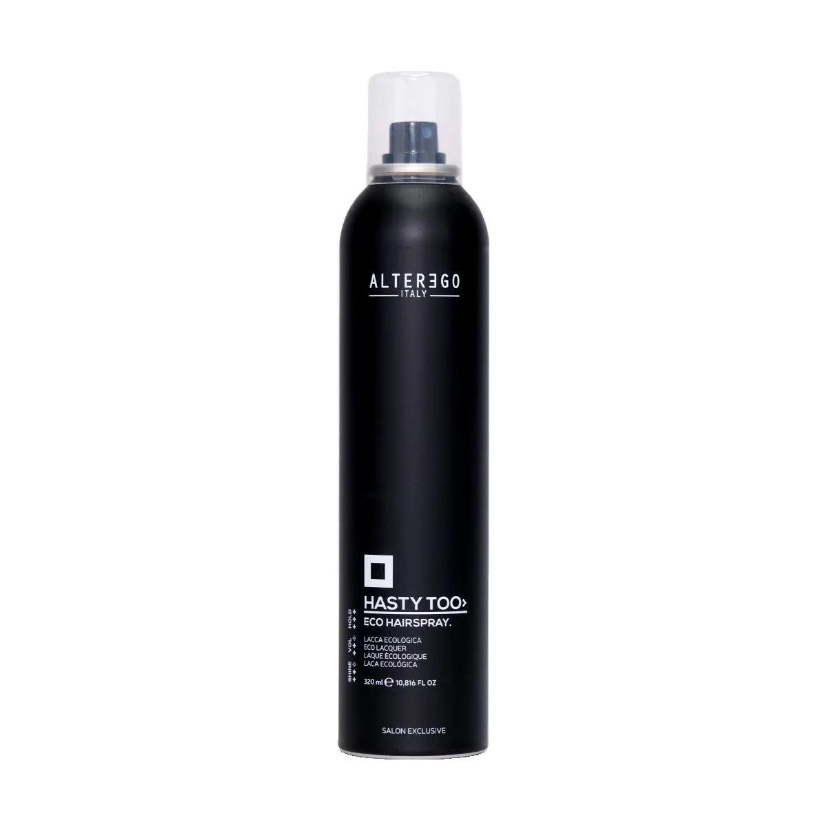 Eco hairspray bottle by Alter Ego, designed for volume, curl definition, and easy manageability for fine hair.