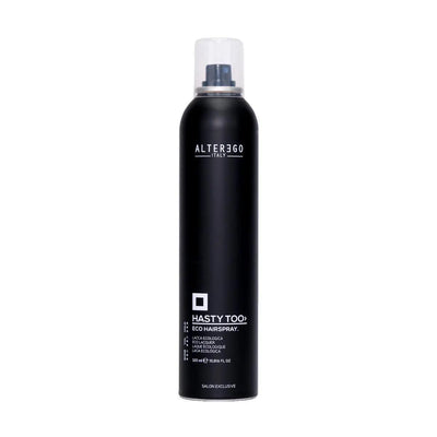 Eco hairspray bottle by Alter Ego, designed for volume, curl definition, and easy manageability for fine hair.