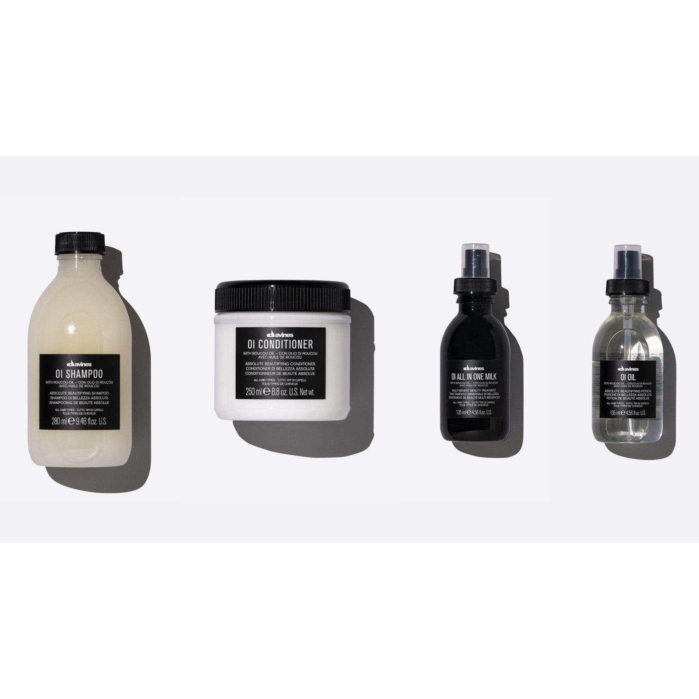 Davines Oil Shampoo, Conditioner, Milk, and Oil for nourishing and styling hair for effortless waves.