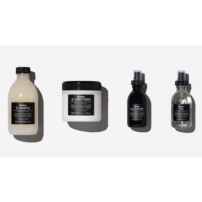 Davines Oil Shampoo, Conditioner, Milk, and Oil for nourishing and styling hair for effortless waves.