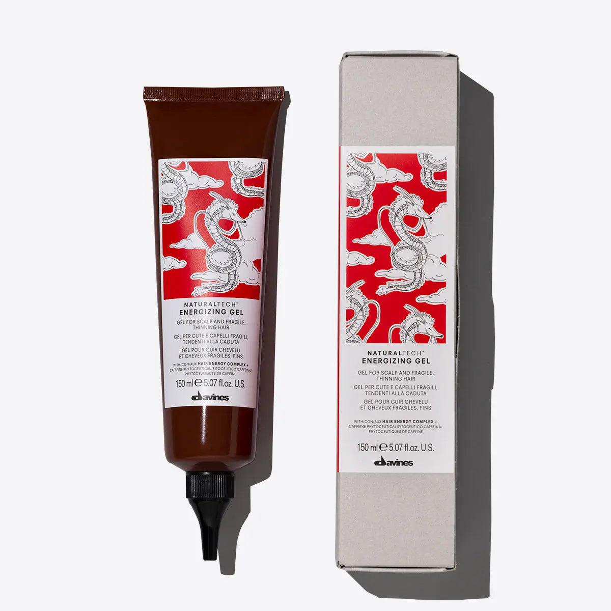 Davines Energizing Gel packaging showcasing revitalizing hair gel for volume and hold, 150 ml tube with artistic design.