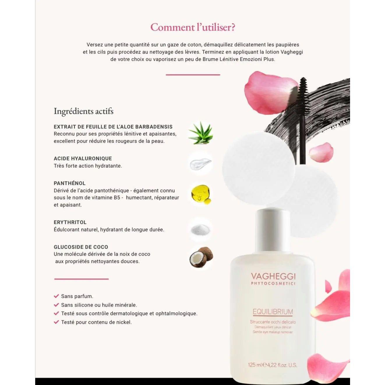Equilibrium Gentle Eye and Makeup Remover packaging with ingredient list and usage instructions for sensitive skin care.