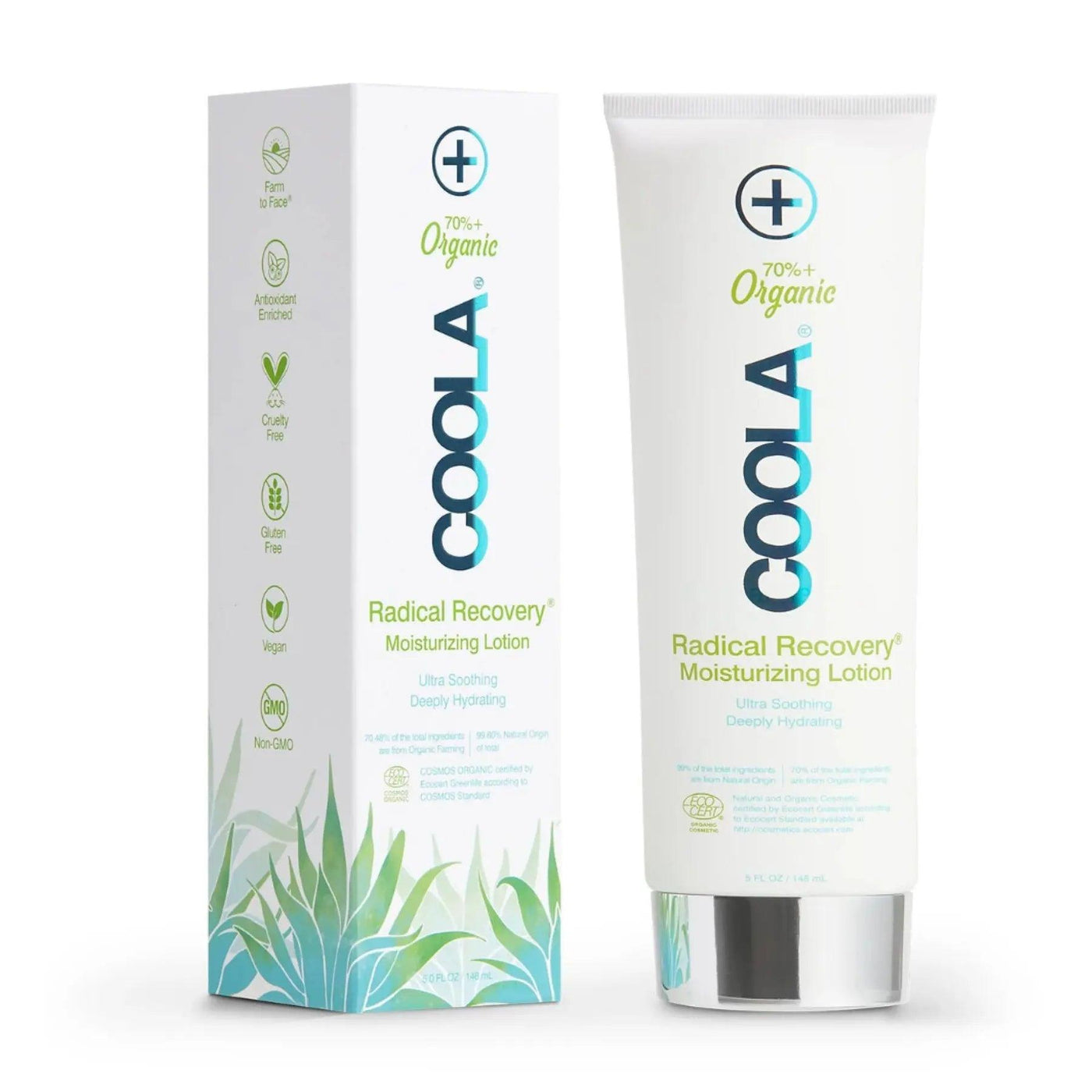 COOLAradical recovery after-sun lotion with eco-friendly packaging, rich in antioxidants and 70% organic ingredients.