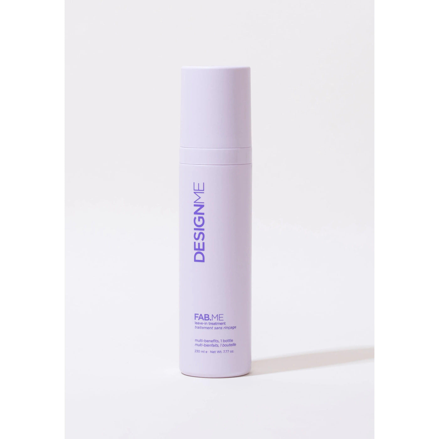 Design.ME Fab.Me multibenefit hair lotion bottle on white background, purple text, hair care product for hydration and volume