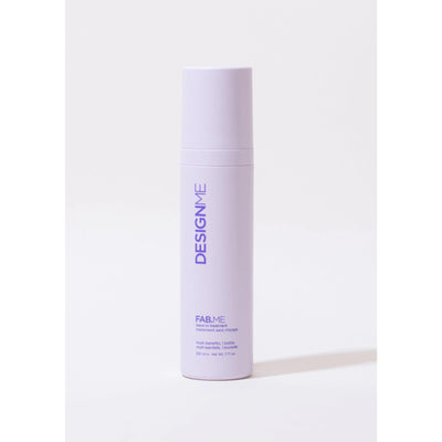 Design.ME Fab.Me multibenefit hair lotion bottle on white background, purple text, hair care product for hydration and volume