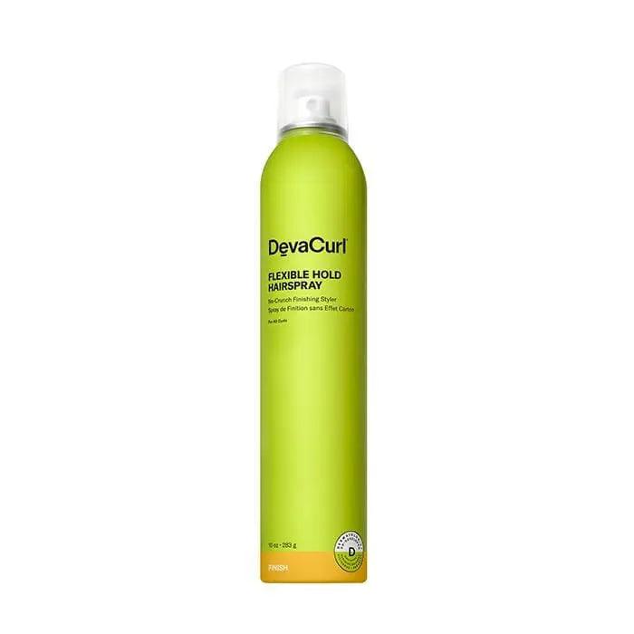 DevaCurl Flexible Hold Hairspray with a vibrant green bottle for frizz control and shine, ideal for curly hair.