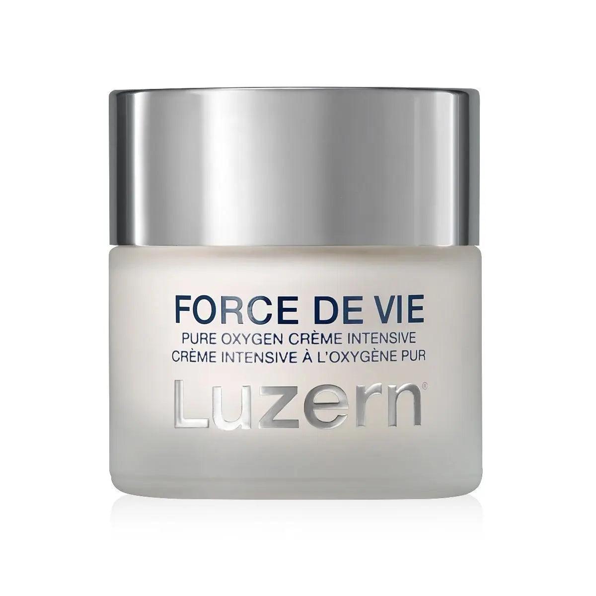 Luzern Force De Vie pure oxygen face cream intensive luxury skincare product with high-quality ingredients in a sleek jar.