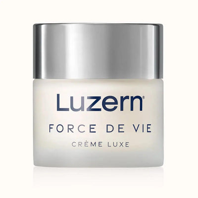 Luzern Force De Vie Crème Luxe anti-aging skincare cream in a silver and white jar