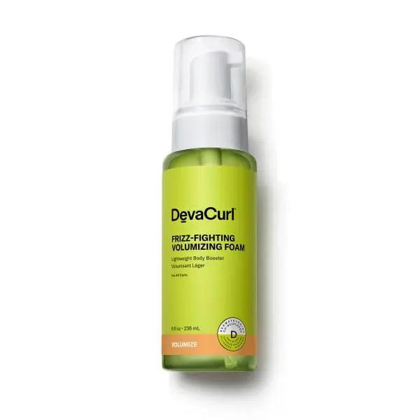 DevaCurl Frizz-Fighting Volumizing Foam in a green bottle for enhanced curls and frizz control.