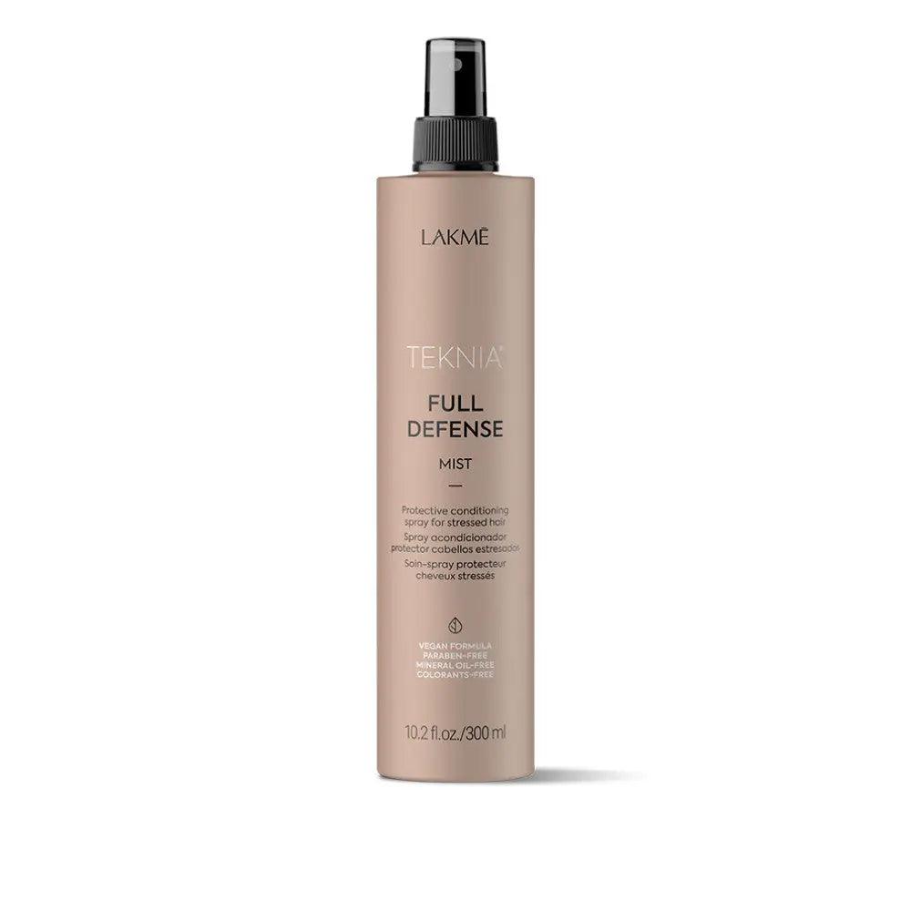 Lakmé Teknia Full Defense Mist for protection against pollution and UV rays, with eucalyptus scent and natural shine.