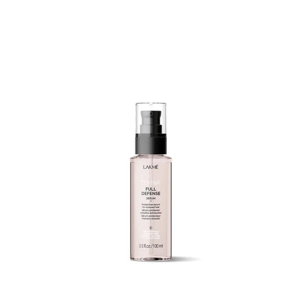 Lakme Full Defense Serum bottle for hair repair, protection against pollution, and UV rays with fresh eucalyptus fragrance.