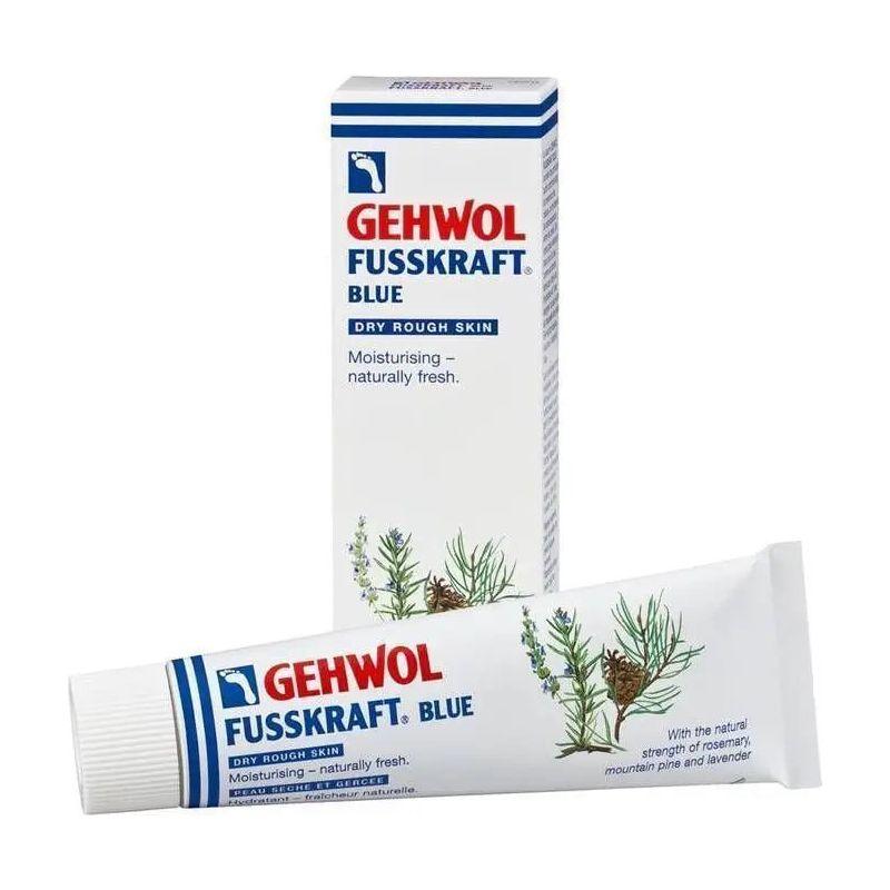 Gehwol Fusskraft Blue tube and box for dry rough skin, featuring natural moisturizing ingredients.