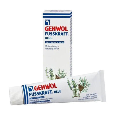 Gehwol Fusskraft Blue tube and box for dry rough skin, featuring natural moisturizing ingredients.