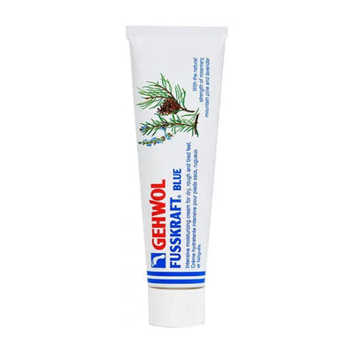 Gehwol Fusskraft Blue tube for dry rough skin, featuring natural oils and aloe vera for foot care. 75ml size.