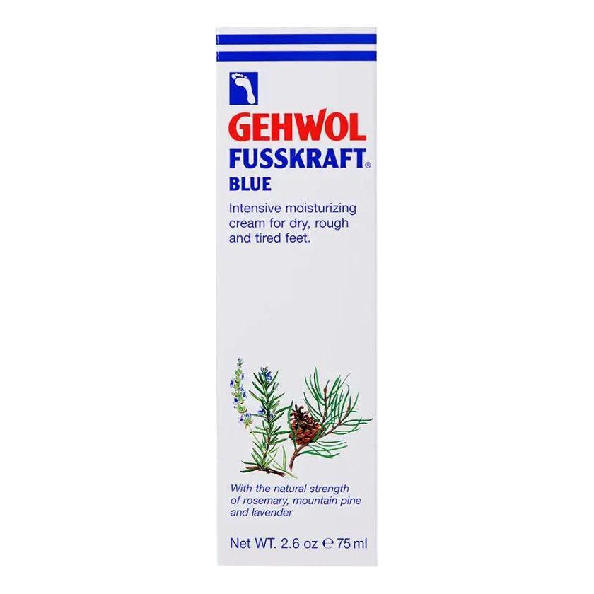 Gehwol Fusskraft Blue 75ml tube for dry, rough, and tired feet with natural oils and moisturizing ingredients.