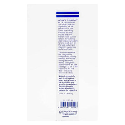 Gehwol Fusskraft Blue 75ml tube details, effective for dry, rough skin, foot odour prevention, made in Germany.