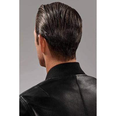 Back view of a man with slicked-back hair wearing a black leather jacket