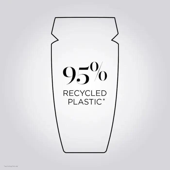 Bottle made from 95% recycled plastic, showcasing eco-friendly packaging.