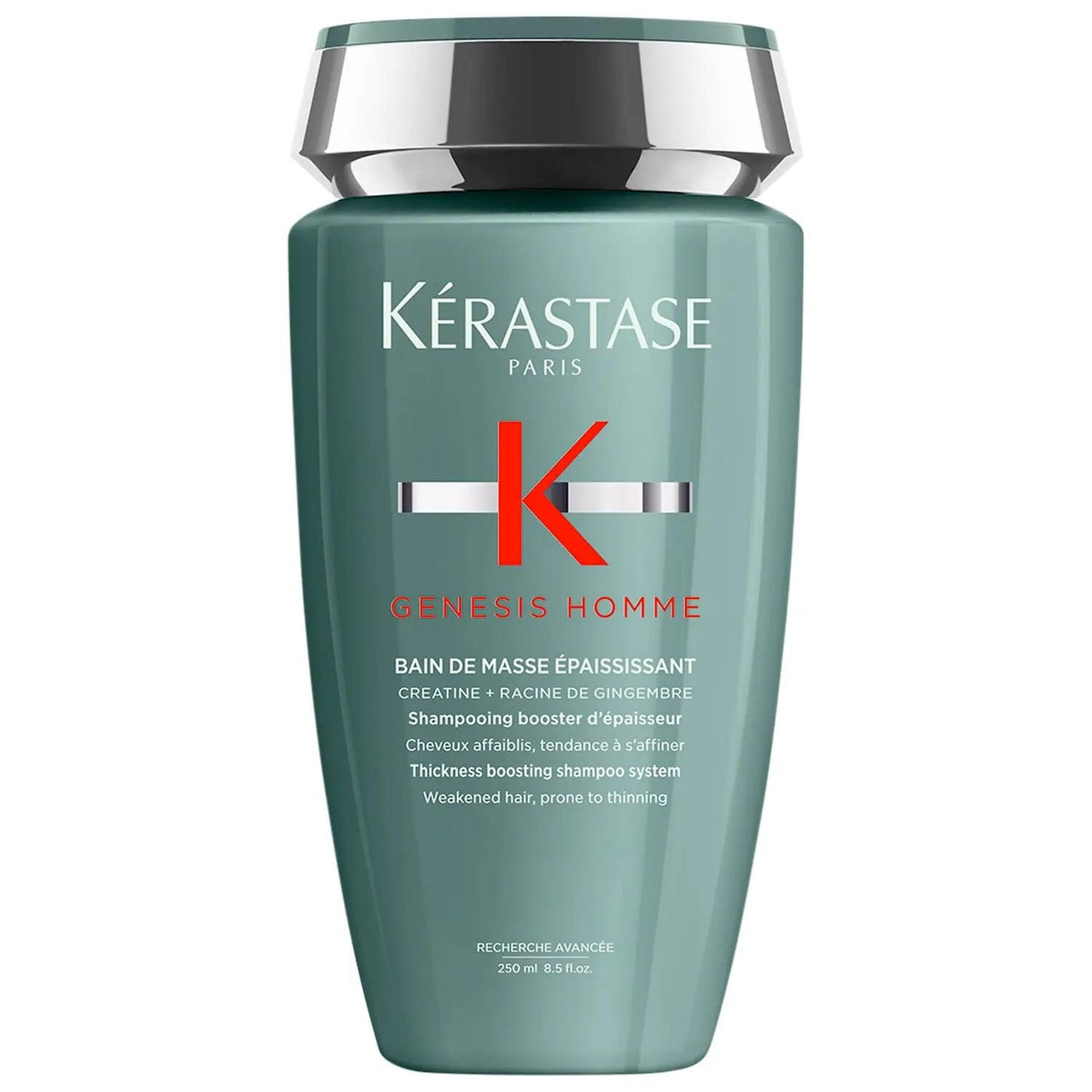 Kérastase Genesis Homme Bain De Masse Épaississant Shampoo for thicker, fuller hair in a sleek green bottle.