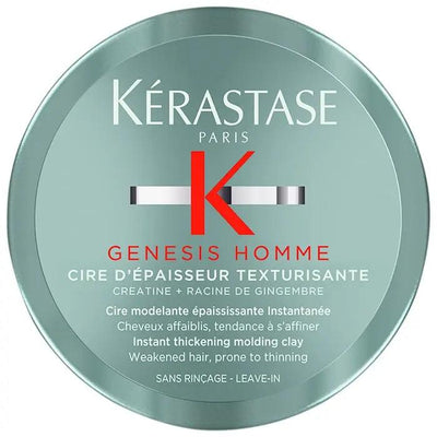 Kérastase Genesis Homme Cire d'Épaisseur Texturisante hair wax for structured men's hairstyles in a sleek container.