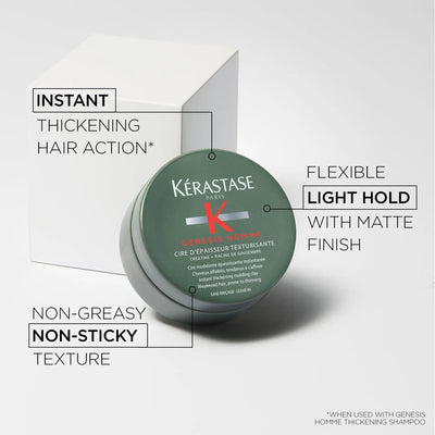 Kérastase Genesis Homme Cire d'Épaisseur Texturisante in a jar showcasing texturizing benefits and flexible light hold.