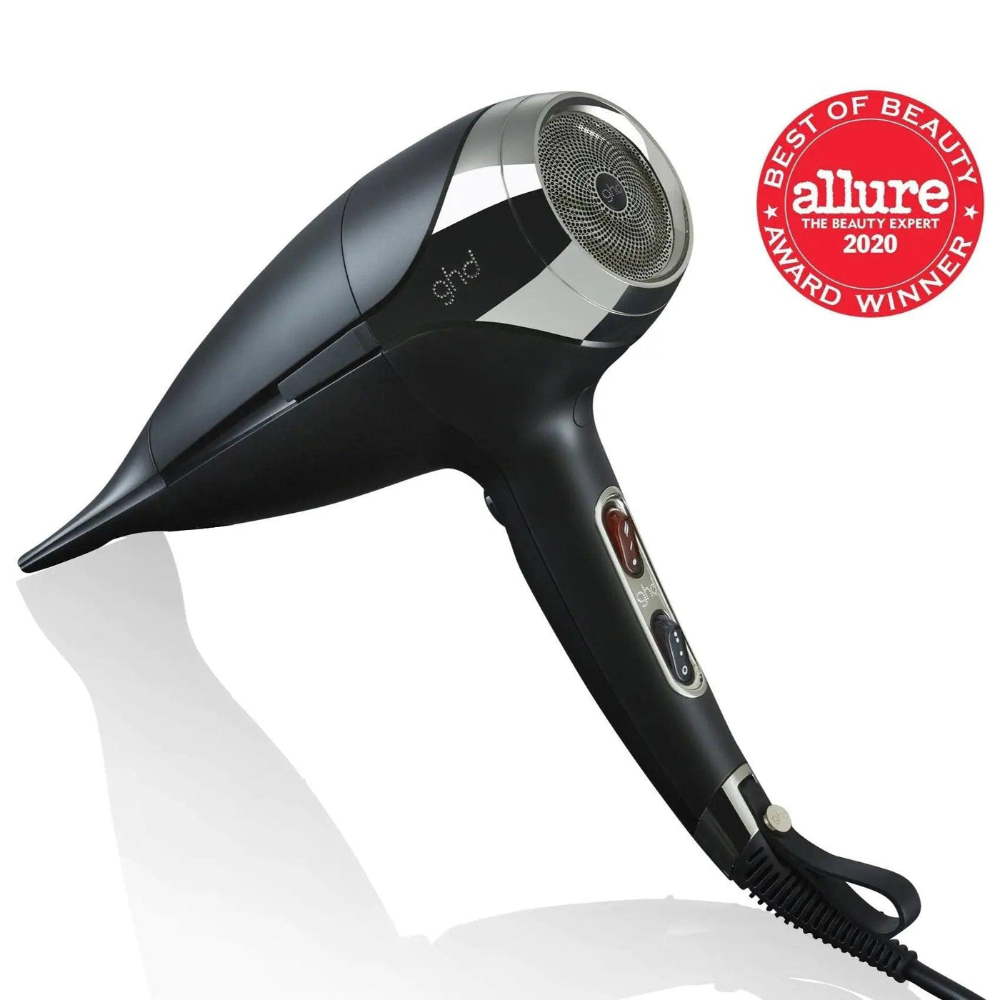 Ghd Helios professional hairdryer in black with Allure Best of Beauty award seal 2020, showcasing sleek design and powerful airflow.