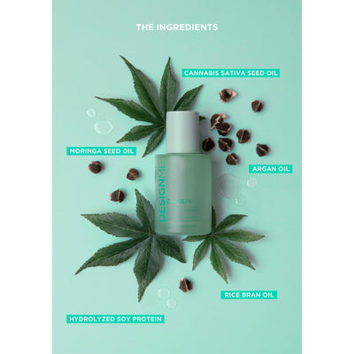 Hair care product bottle with natural ingredients like cannabis sativa seed oil, moringa seed oil, argan oil, rice bran oil, and hydrolyzed soy protein