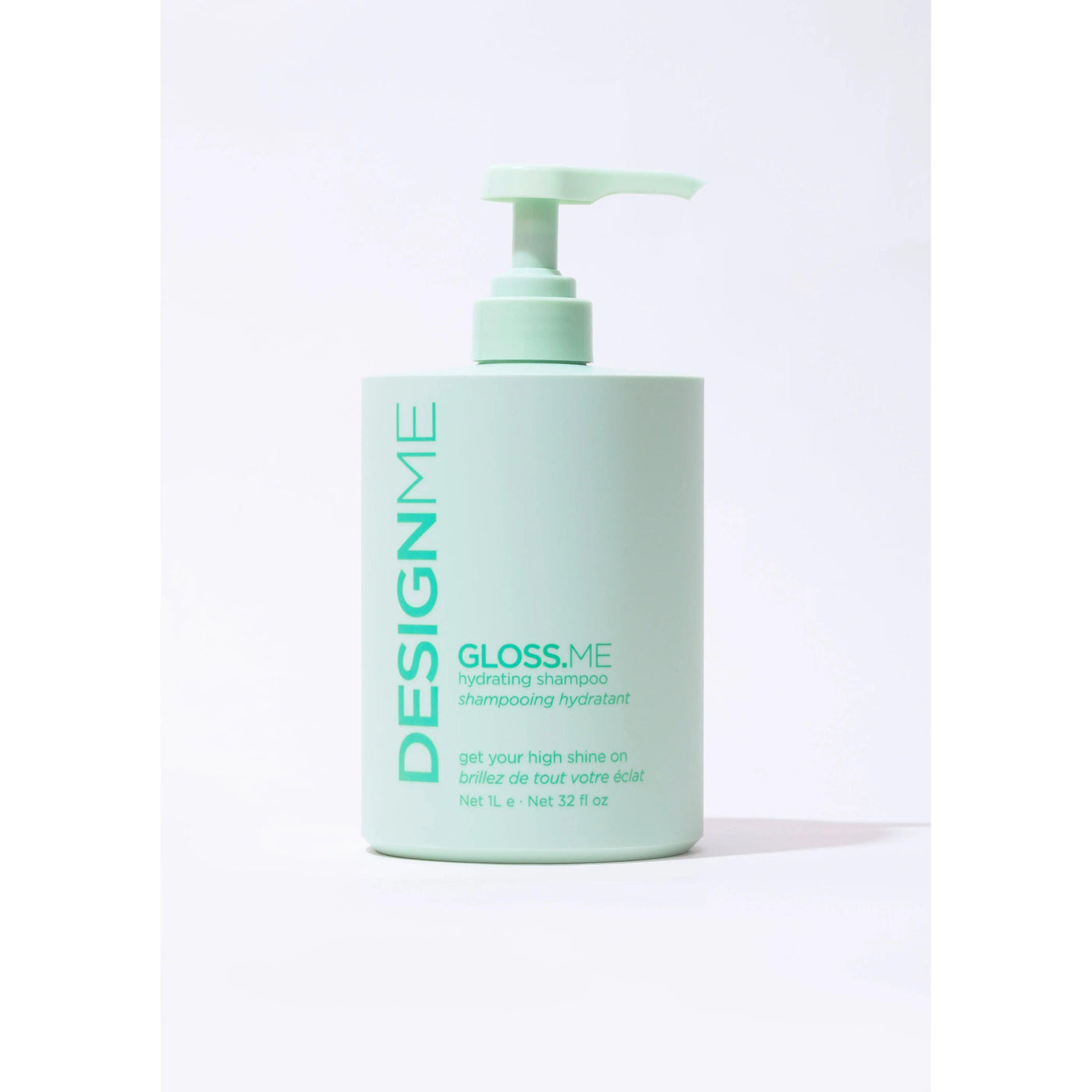 Design.Me Gloss.Me hydrating shampoo bottle on white background, moisturizing hair care product for shiny and healthy hair