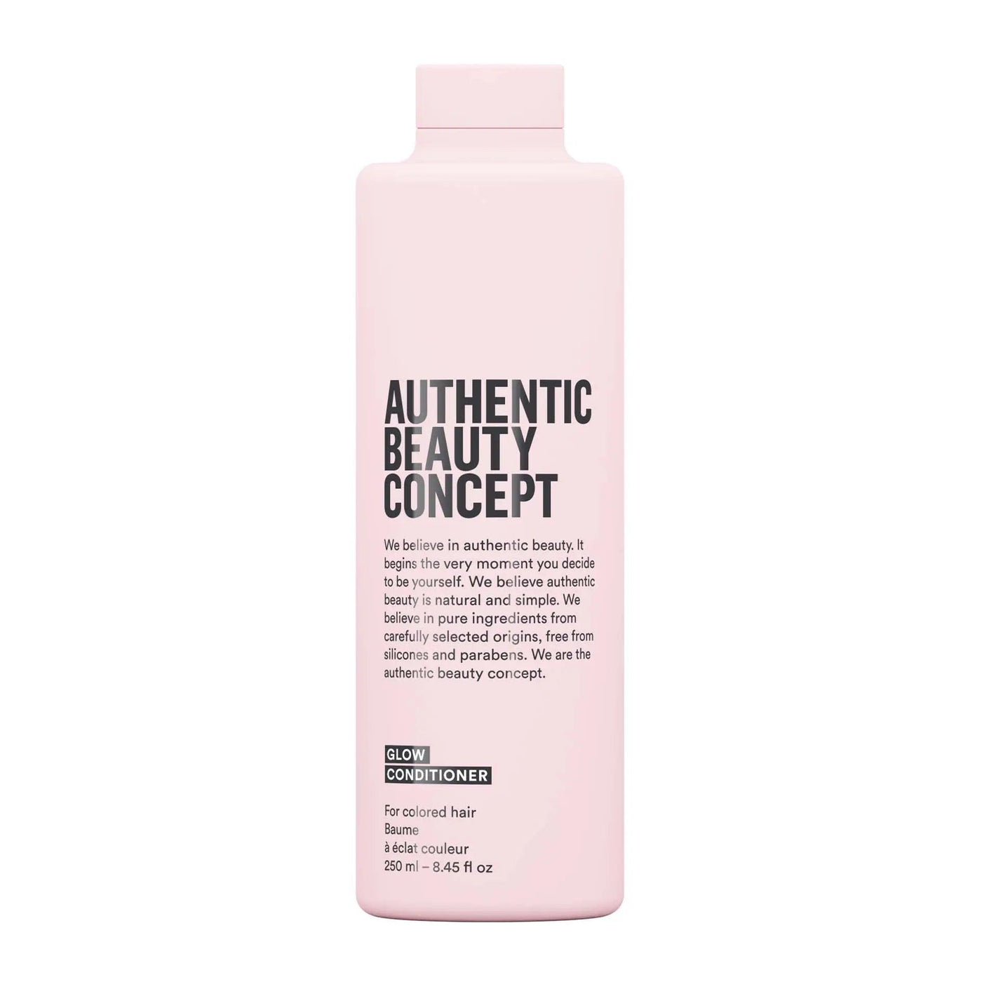 Authentic Beauty Concept Glow Conditioner bottle for colored hair, lightweight, cruelty-free, vegan, and free from harmful chemicals.