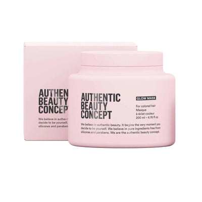 Authentic Beauty Concept Glow Mask for colored hair, providing nourishment and preserving hair color in a pink container.