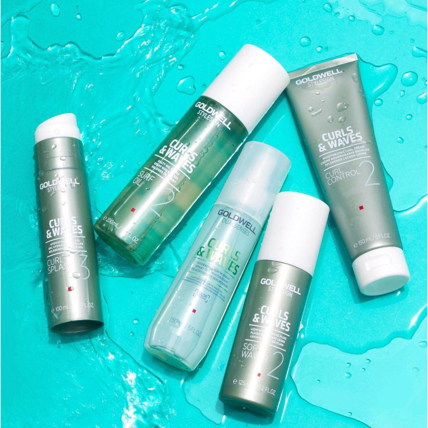 Goldwell Curls & Waves product range displayed on a vibrant blue background, perfect for enhancing curly and wavy hair.