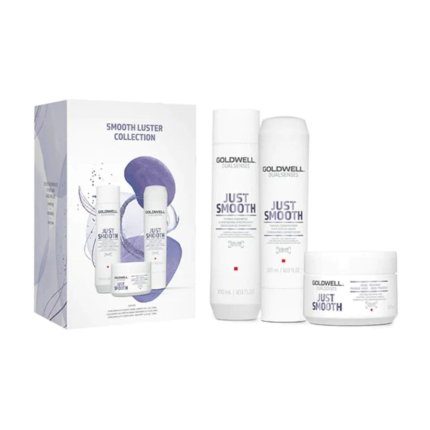 Goldwell Dualsenses Just Smooth Holiday Trio for unruly frizzy hair with shampoo, conditioner, and treatment.