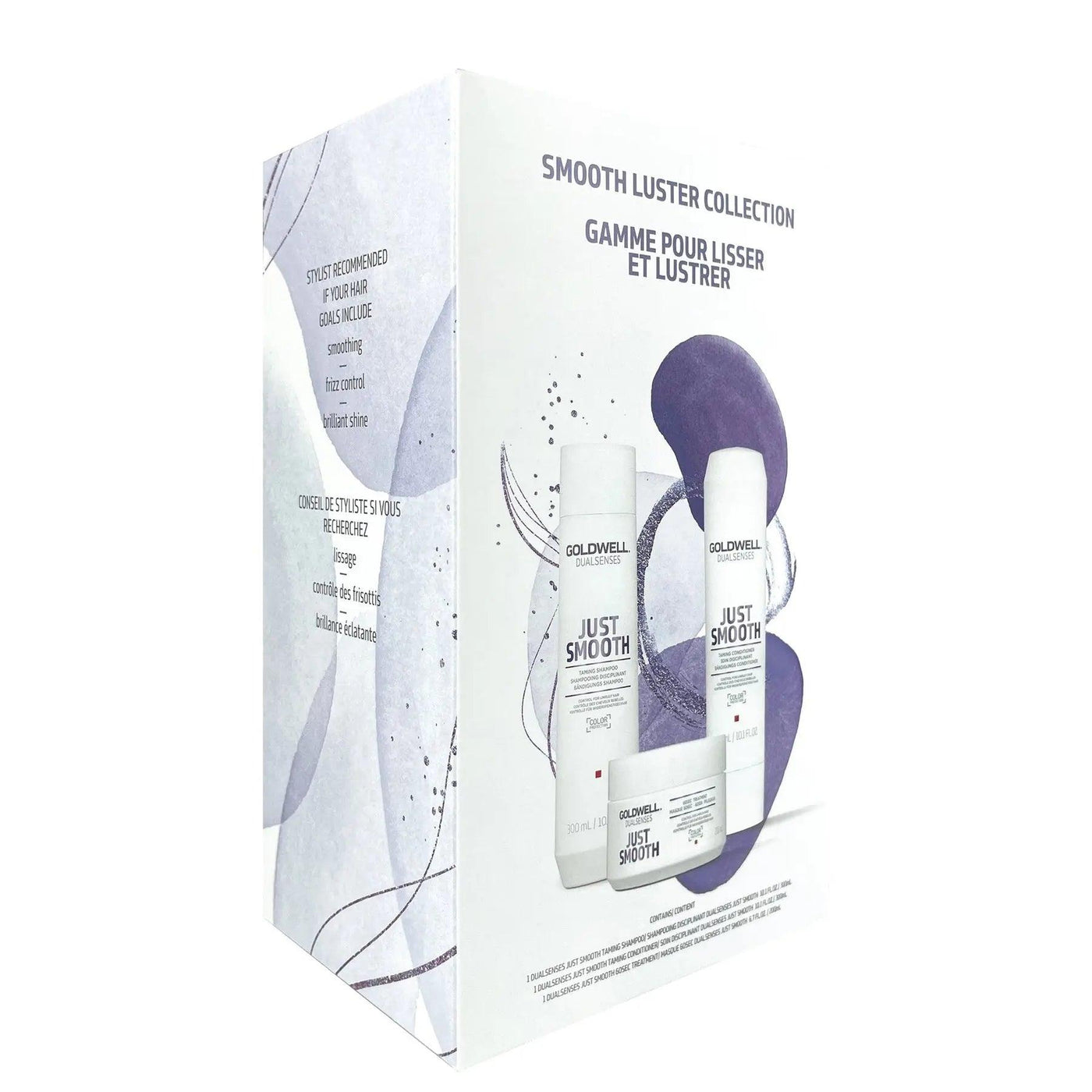 Goldwell Dualsenses Just Smooth Holiday Trio packaging, featuring shampoo and conditioner for frizzy hair control.