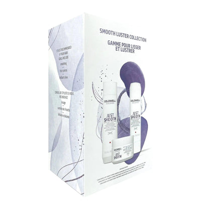 Goldwell Dualsenses Just Smooth Holiday Trio packaging, featuring shampoo and conditioner for frizzy hair control.
