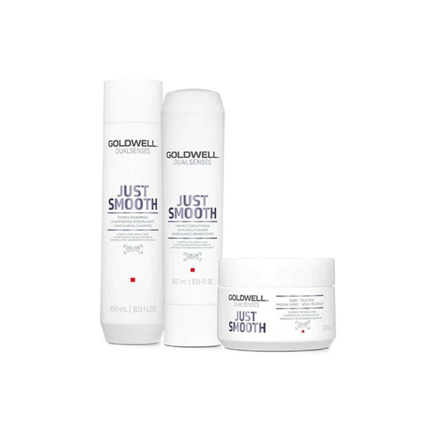 Goldwell Dualsenses Just Smooth Holiday Trio featuring shampoo, conditioner, and treatment for frizzy hair control.
