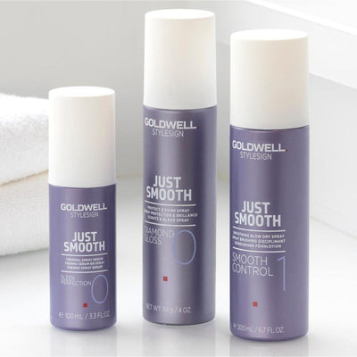 Goldwell Just Smooth hair products for heat protection and shine, including Thermal Spray Serum and Smooth Control Spray.