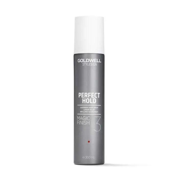 Goldwell Perfect Hold Magic Finish Hairspray in a sleek gray canister, provides light to medium hold without stiffness.