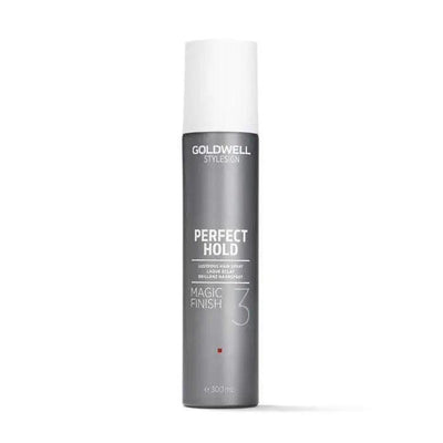 Goldwell Perfect Hold Magic Finish Hairspray in a sleek gray canister, provides light to medium hold without stiffness.