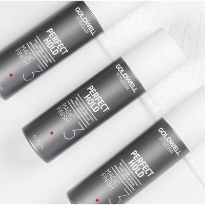 Three Goldwell Perfect Hold Magic Finish Hairspray bottles showcasing light to medium hold and shine.