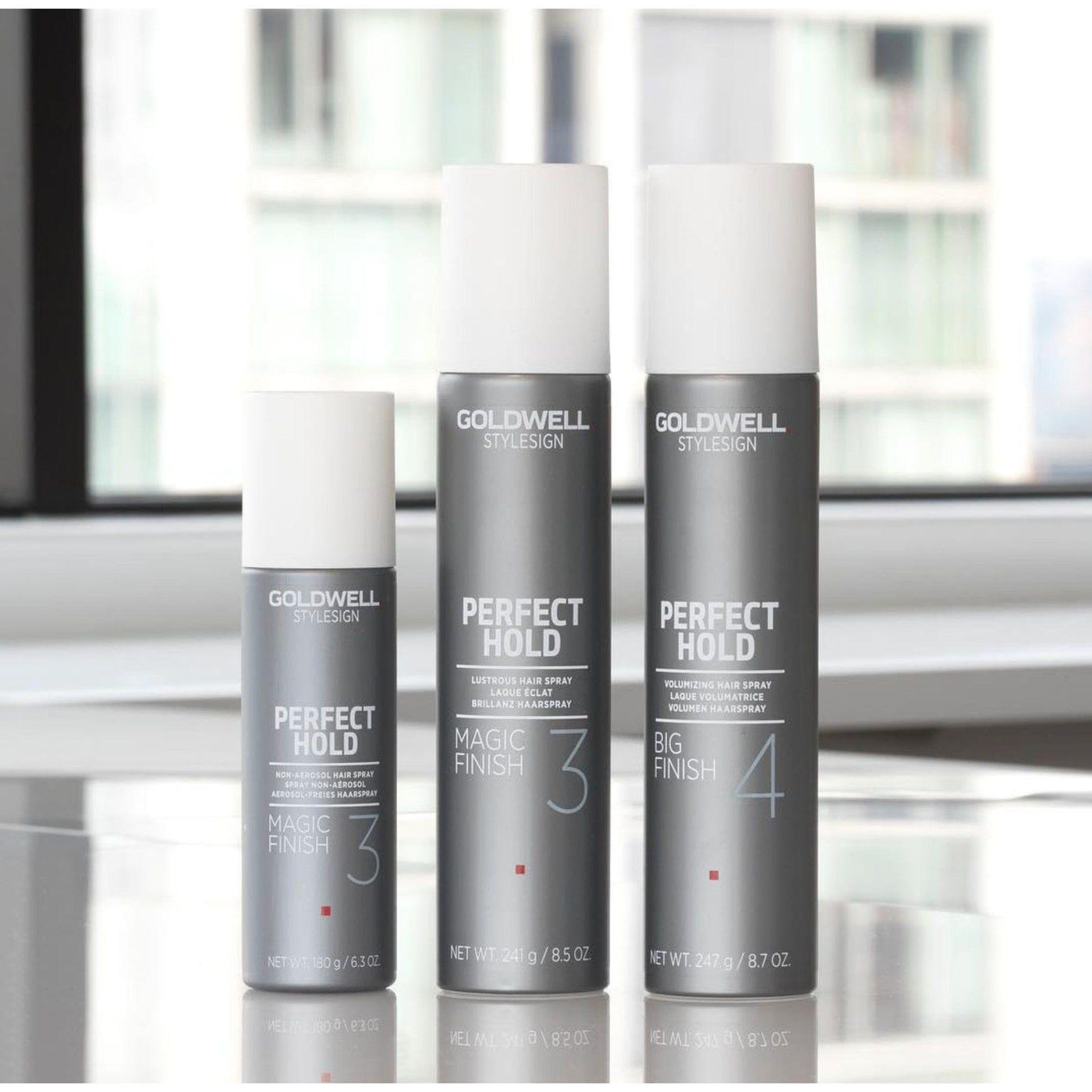 Goldwell Perfect Hold Magic Finish Hairspray trio, featuring light to medium hold without stiffness, ideal for natural movement.